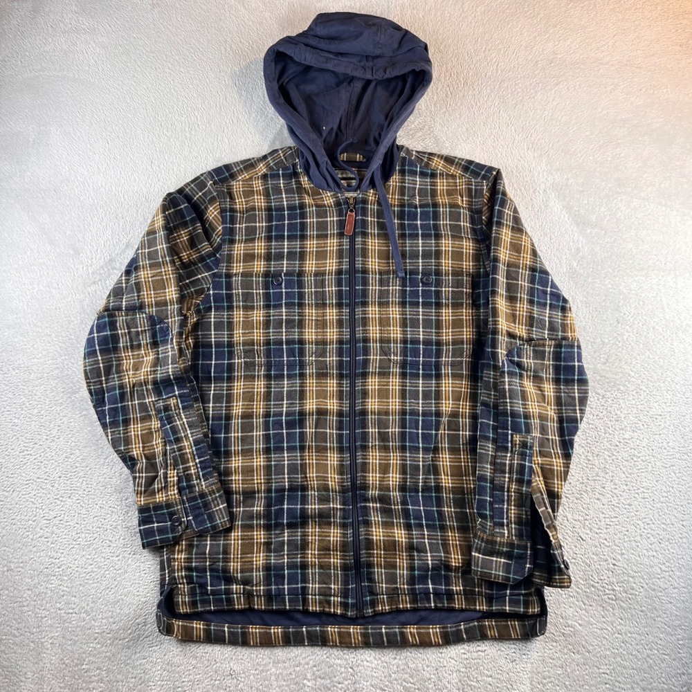 LL Bean Mens M Plaid Flannel Full Zip Hooded Shirt Jacket Brown Navy 502834